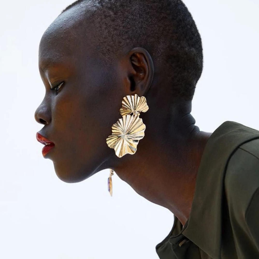 Golden Flower Dangle Drop Earrings - Picture 2 of 5